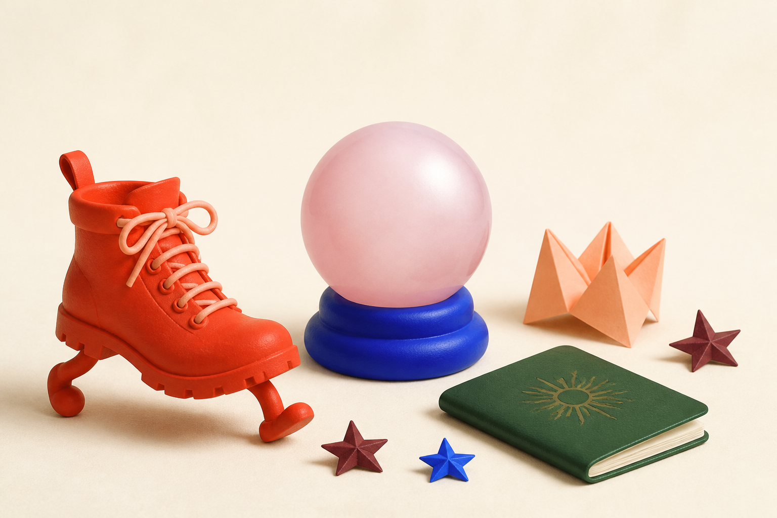 A colourful collection of a walking boot, crystal ball, origami fortune teller and green passport